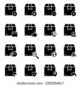 Carton Parcel Box for Delivery Service Shipment Silhouette Icon Set. Cardboard Packaging Postal Shipping Glyph Pictogram. Transportation Cargo Product Pack Symbol. Isolated Vector Illustration.