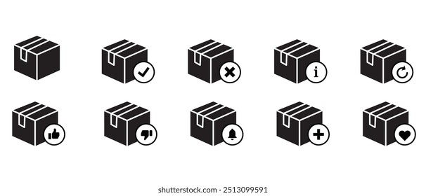 Carton Parcel Box delivery silhouette black Icon pack. confirmation, approval, accept, information, reload, like, dislike, notification, plus vector illustration