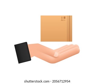 Carton parcel box in hands. Shipping delivery symbol. Gift box icon. Vector stock illustration.