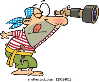 carton pirate man looking through a spyglass telescope