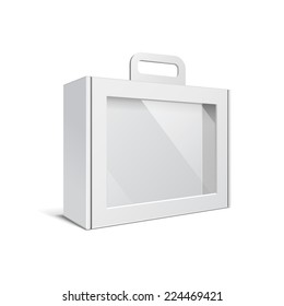 Carton Or Plastic White Blank Package Box With Handle. Briefcase, Case, Folder, Portfolio Case. Illustration Isolated On White Background. Ready For Your Design. Product Packing Vector EPS10 