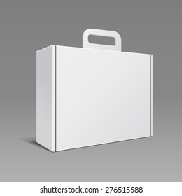 Carton Or Plastic White Blank Package Box With Handle. Briefcase, Case, Folder, Portfolio Case. Ready For Your Design. Product Packing Vector EPS10