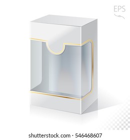Caja de cartón o envase en blanco con ventana transparente de plástico. Ilustración Aislada En Fondo Blanco. Listo Para Su Diseño. Vector de embalaje del producto.
