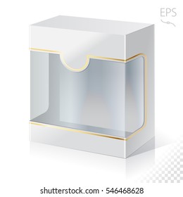 Carton Or Plastic White Blank Package Box with a transparent plastic window. Illustration Isolated On White  Background. Ready For Your Design. Product Packing Vector.
