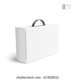 Carton Or Plastic White Blank Package Box With Handle. Briefcase, Case, Folder, Portfolio Case. Illustration Isolated On White Background. Ready For Your Design. Product Packing Vector EPS10
