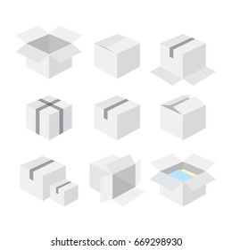 Carton recycle box icons. Close open half open for delivery, shipping, warehouse. Isometric infographic flat design interface element for app ui ux web button, vector isolated on white background