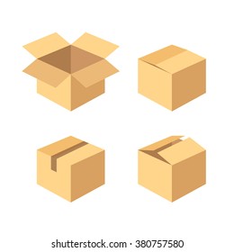 Carton recycle brown box icons. Close open half open for delivery, shipping, warehouse. Isometric infographic flat design interface element, app ui ux web button, vector isolated on white background