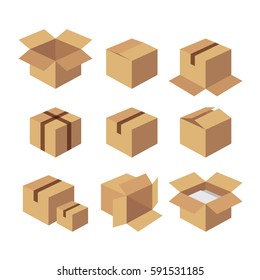 Carton recycle brown box icons. Close open half open, delivery, shipping, warehouse. Isometric infographic flat design interface element for app ui ux web button, vector isolated on white background