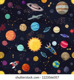 Carton seamless space with planets and spaceships. Vector Illustration