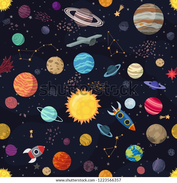 Carton seamless space with planets and\
spaceships. Vector\
Illustration