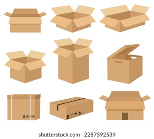 Carton set of recycling cardboard delivery boxes or postal parcel packaging. Carton delivery packaging open and closed box with fragile signs. Vector illustration isolated on white background. 