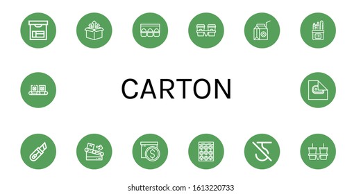 carton simple icons set. Contains such icons as Box, Egg carton, Cup carrier, Milk box, Pencil box, Cutter, Conveyor, Package, Do not use hook, can be used for web, mobile and logo