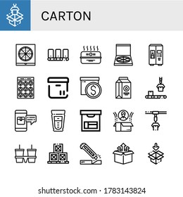 carton simple icons set. Contains such icons as Packaging, Pizza box, Conveyor, Cardboard box, Milk, Package, Box, Cup carrier, Boxes, Cutter, can be used for web, mobile and logo