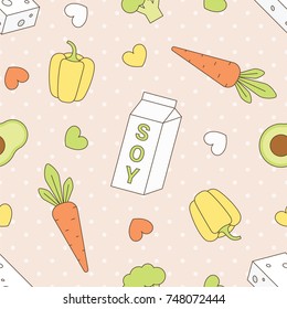 A Carton of Soy Milk, Tofu, Broccoli, Bell (Sweet) Pepper, Avocado, Carrot and Hearts on Bright Pink Background with Dots Flat Cartoon Style Vector Seamless Pattern