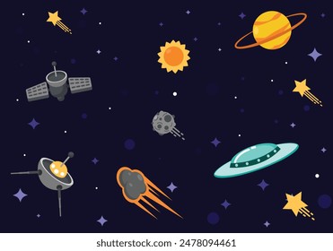 Carton  space with planets and spaceships. Vector flat cartoon Illustration