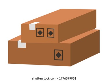 Caja cuadrada de cartón, entrega y envasado de mercancías para un transporte cómodo. Caja de cartón de envío e iconos de fragilidad y reciclado de ilustraciones vectoriales. Contenedor de papel para almacenamiento