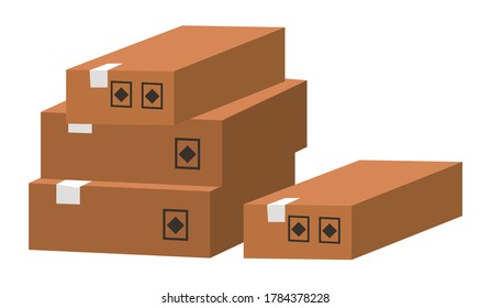 Kartonkartons, Lieferung und Verpackung von Waren für den bequemen Transport. Versand Karton Box und Symbole der Fragilität und Recycling Vektorgrafik. Papierbehälter für die Lagerung