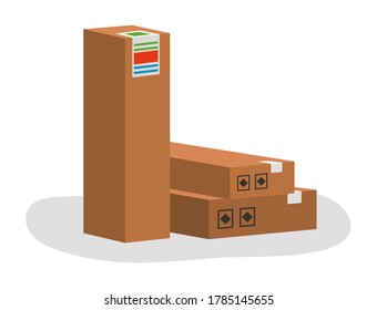 Carton square box, delivery and packaging of goods for comfortable transportation. Shipping cardboard box and icons of fragility and recycling vector illustration. Paper container for storage
