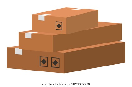 Carton square box, delivery and packaging of goods for comfortable transportation. Shipping cardboard box and icons of fragility and recycling vector illustration. Paper container for storage