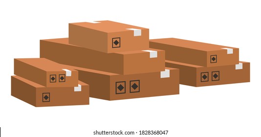 Carton square box, delivery and packaging of goods for comfortable transportation. Shipping cardboard box and icons of fragility and recycling vector illustration. Paper container for storage