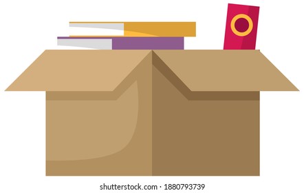 Carton square brown box, delivery and packaging of goods for comfortable transportation. Shipping cardboard box isolated vector illustration. Opened paper container for storage with books and things