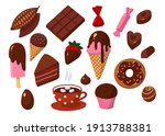 Carton style vector, set of chocolate sweets. All uses of chocolate. Cocoa bean in cooking. Delicious food, cheat meal day. Bright illustration