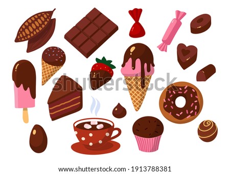 Carton style vector, set of chocolate sweets. All uses of chocolate. Cocoa bean in cooking. Delicious food, cheat meal day. Bright illustration