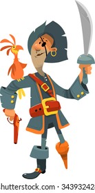 carton vector friendly cute pirate with gun and saber and bird on shoulder