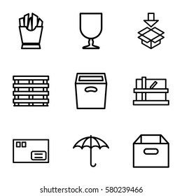 carton vector icons. Set of 9 carton outline icons such as parcel, french fries, cargo box, keep dry cargo, fragile cargo