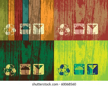 Carton warning caution symbols featuring recycle, water proof and handle carefully on scratched colored wooden background with three color options.