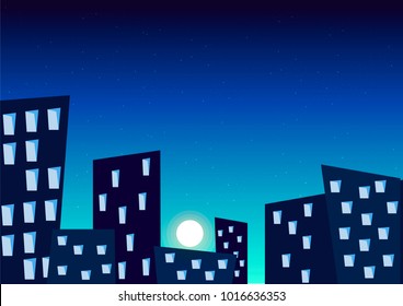 cartonish vector illustration of night cityscape under starry sky