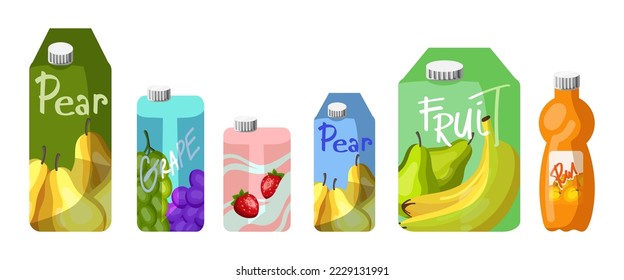 Cartons of different fruit juices vector illustrations set. Collection of grape, pear, banana juices in boxes, strawberry milk, orange juice bottle on white background. Beverage, shopping concept