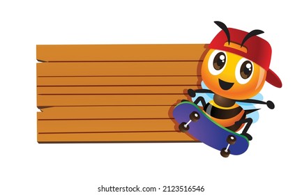 Cartoo cute bee character playing skateboard with empty wooden signboard. Character illustration