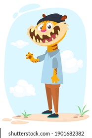 Cartoo tiger wearing black hat and teen clothes. Vector illustration of hipster style tiger character design 
