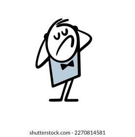 Cartook stick figure man artist in tie bow holds head and play performance on the stage theatre. Vector doodle illustration of art person.