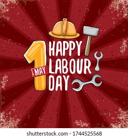 Cartoon 1 may Happy labour day vector label isolated on red background with rays. vector happy labor day background or banner with engineer helmet, hummer and wrench. workers may day poster