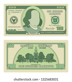 Cartoon 100 currency US dollar banknote. Backside of one hundred american money bill. Vector illustration