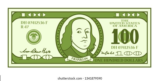 Cartoon 100 dollar bill with stylized Franklin portrait. Play money or fake banknote. Vector illustration.