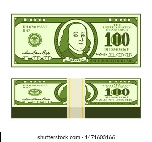 Cartoon 100 dollar bill with stylized Franklin portrait. Money pack with strap. Play money or fake banknote. Vector illustration.