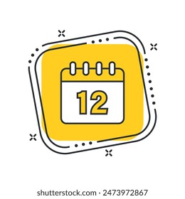 Cartoon 12th day of the month icon vector illustration. Calendar days 12 on isolated yellow square background. Event sign concept.