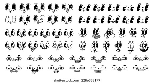 Cartoon 1930-s retro faces. Vintage emotional face, old style funny eyes and mouth, different facial expression on white background. Vector set. Cheerful, happy, sad and angry characters