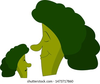 A cartoon of 2 broccoli facing each other, vector, color drawing or illustration.