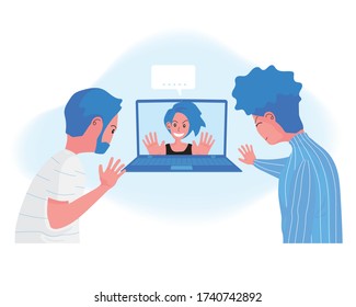 A cartoon of 2 men and a lady having video conference with computer