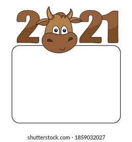 Cartoon 2021 bull with a white sheet for advertising. Simple vector illustration. White blank, board with empty place for your text. Cute animal