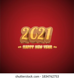 Cartoon 2021 Happy new year label or greeting card with colorful numbers and greeting text on orange background. Happy new year label or icon isolated on red background