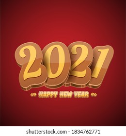 Cartoon 2021 Happy new year label or greeting card with colorful numbers and greeting text on orange background. Happy new year label or icon isolated on red background