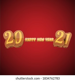 Cartoon 2021 Happy new year label or greeting card with colorful numbers and greeting text on orange background. Happy new year label or icon isolated on red background
