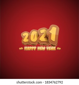 Cartoon 2021 Happy new year label or greeting card with colorful numbers and greeting text on orange background. Happy new year label or icon isolated on red background