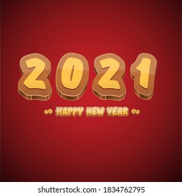 Cartoon 2021 Happy new year label or greeting card with colorful numbers and greeting text on orange background. Happy new year label or icon isolated on red background