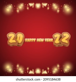 Cartoon 2022 Happy new year label or greeting card with colorful numbers and greeting text. Happy new year 2022 label or icon isolated on red background with lights